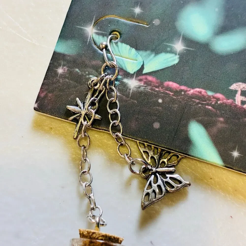 Fairy Bottle Dangle Earrings Glass Vial Butterfly Mushroom Cottagecore Gothic